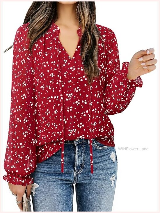 Tops - Ruffle V Neck Tie Front Long Sleeve Chiffon Tunic Blouse Work Tops